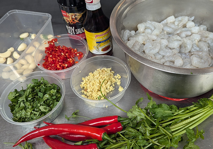 Fresh prawn patty ingredients ready to prepare